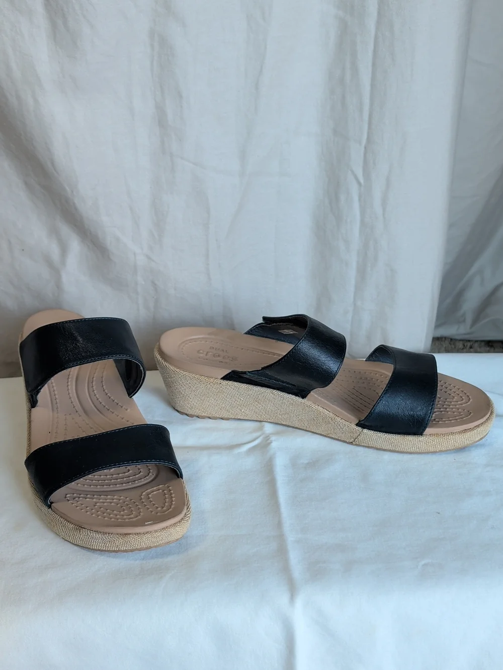 CROCS Black Leather Dual-Strap  Slide Sandals with Tan Wedge Resort Boho Wear